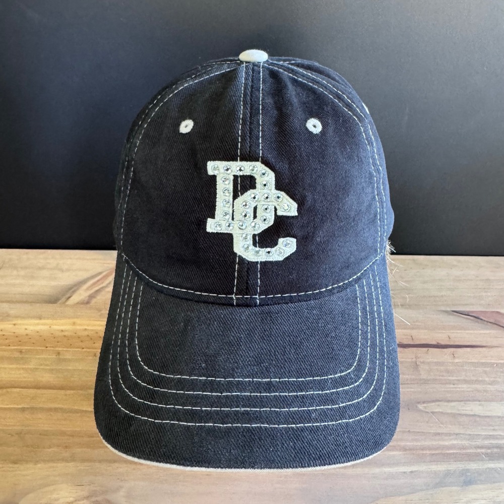 Vintage‎ DC Rhinestone Bling Baseball Cap Hat Black Cotton Twill Adjustable